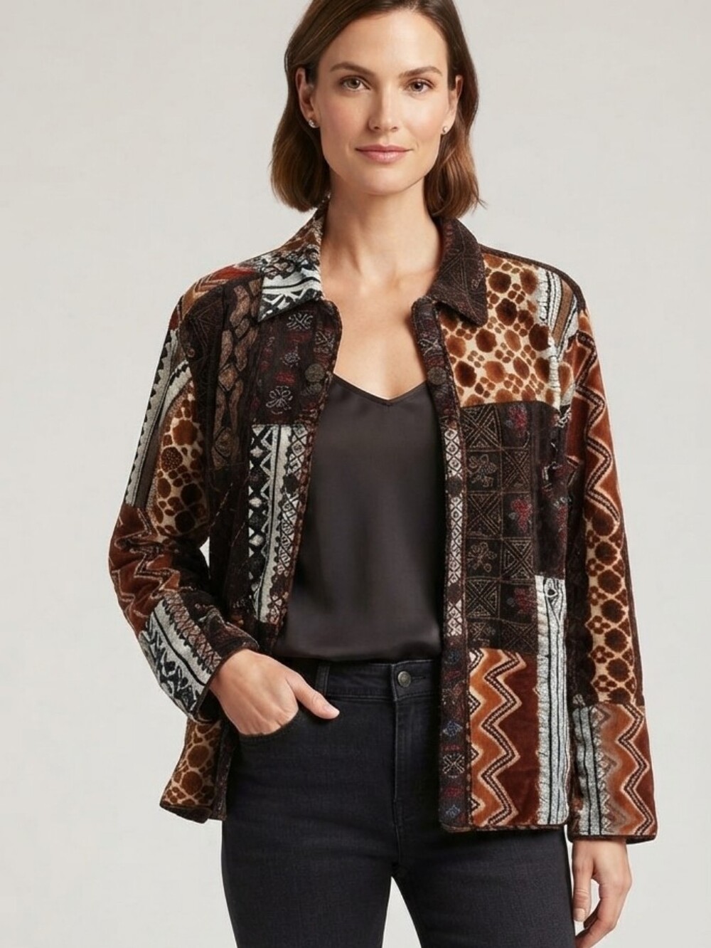 Chico’s Brown Patchwork Embroidered Jacket Size‎ 3 Large